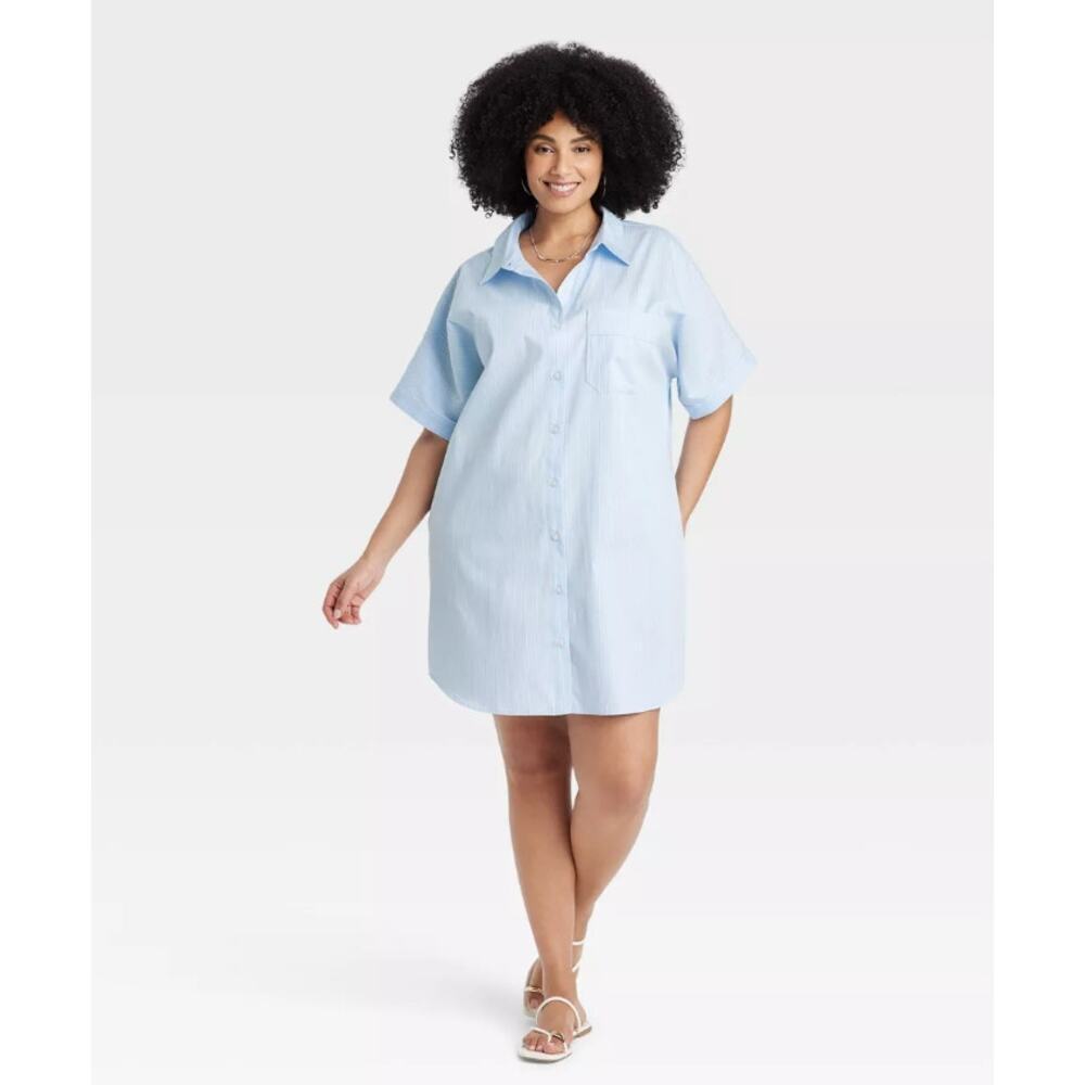 A New Day Women Striped Easy Woven Button Up Shirtdress Size 2XL Blue White